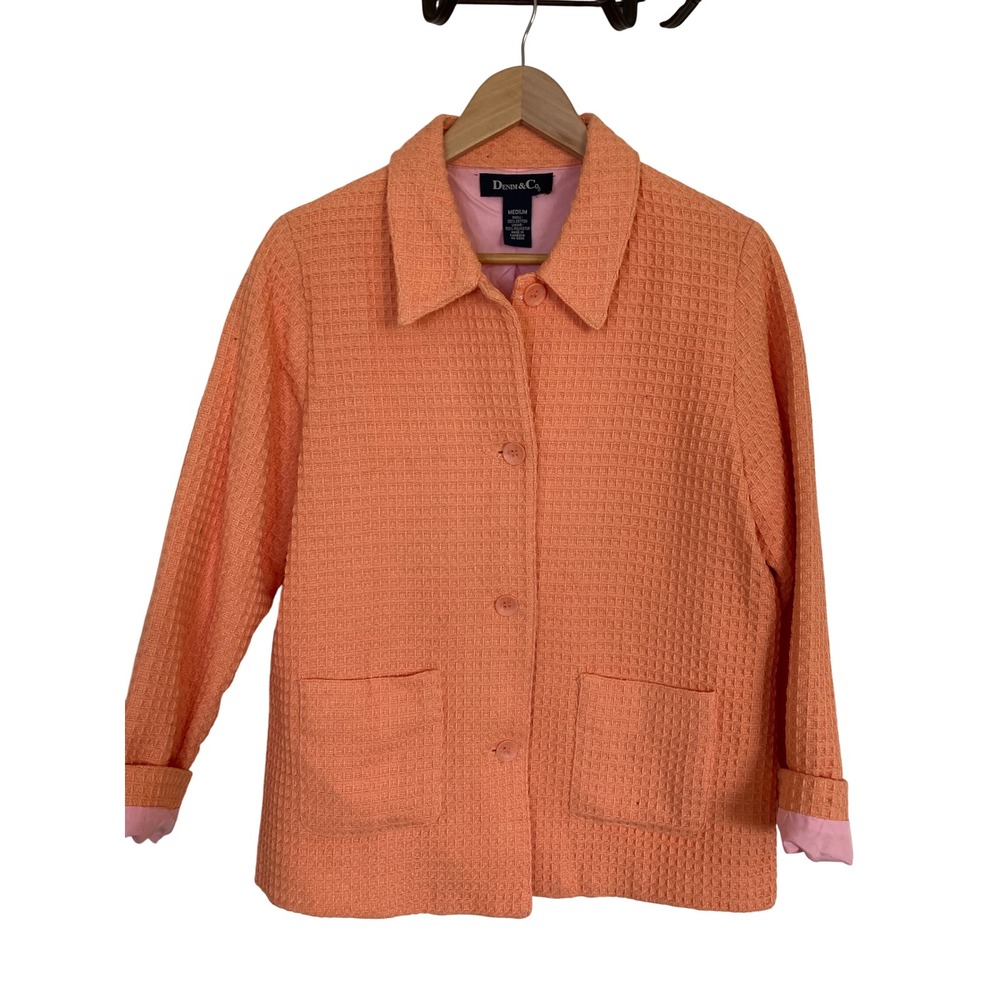 Denim & Co Womens Medium Orange Waffle Knit Button Front Jacket Pink Lining